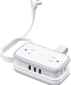 Travel Power Strip with USB Ports, NTONPOWER 4 Outlets 3 USB with 4FT Wrapped Short Extension Cord Flat Plug, USB Portable Desktop Charging Station, Compact for Hotel Travel Cruise Essentials, White