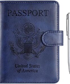 RSAquar Passport Holder for Women and Men, Premium PU Leather Travel Passport Wallet RFID Blocking Passport Cover Travel Documents Organizer with Pen Holder, Blue